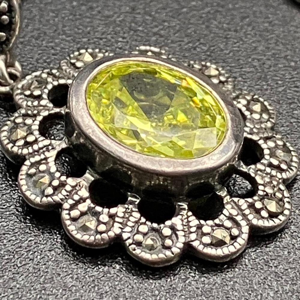 Sterling Silver Earrings Green Stone Marcasite Drop 1.125" - Picture 5 of 10
